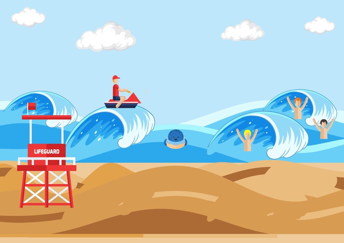 Illustrazione di Polino che gioca fra le onde davanti alla spiaggia