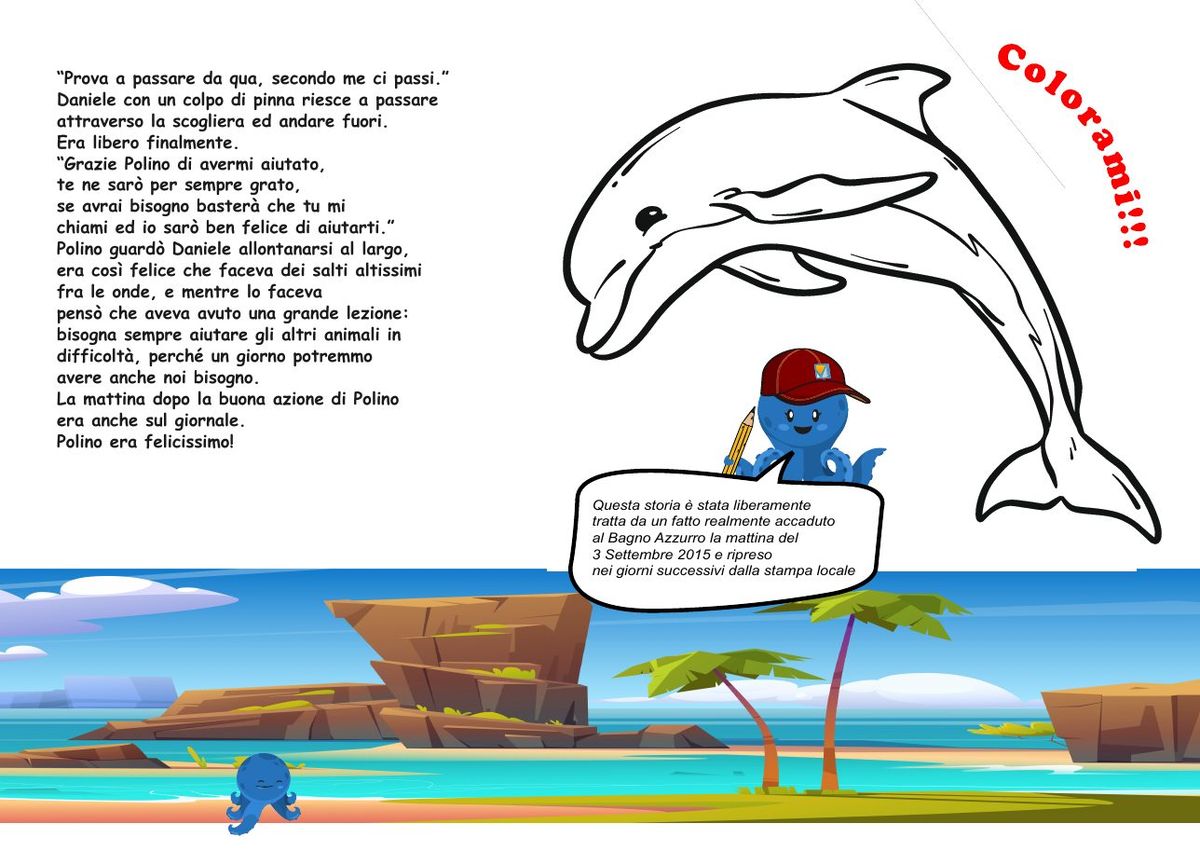 Illustrazione del delfino Daniele che torna libero in mare aperto
