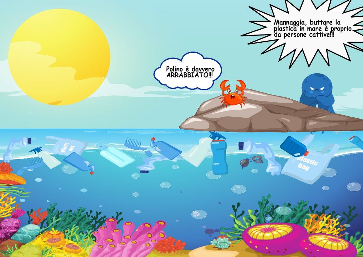 Illustrazione di Polino arrabbiato davanti alla plastica gettata in mare