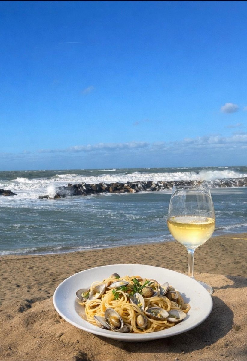 Spaghetti alle vongole serviti sulla spiaggia del Bagno Azzurro, con la scogliera di Marina di Pisa sullo sfondo